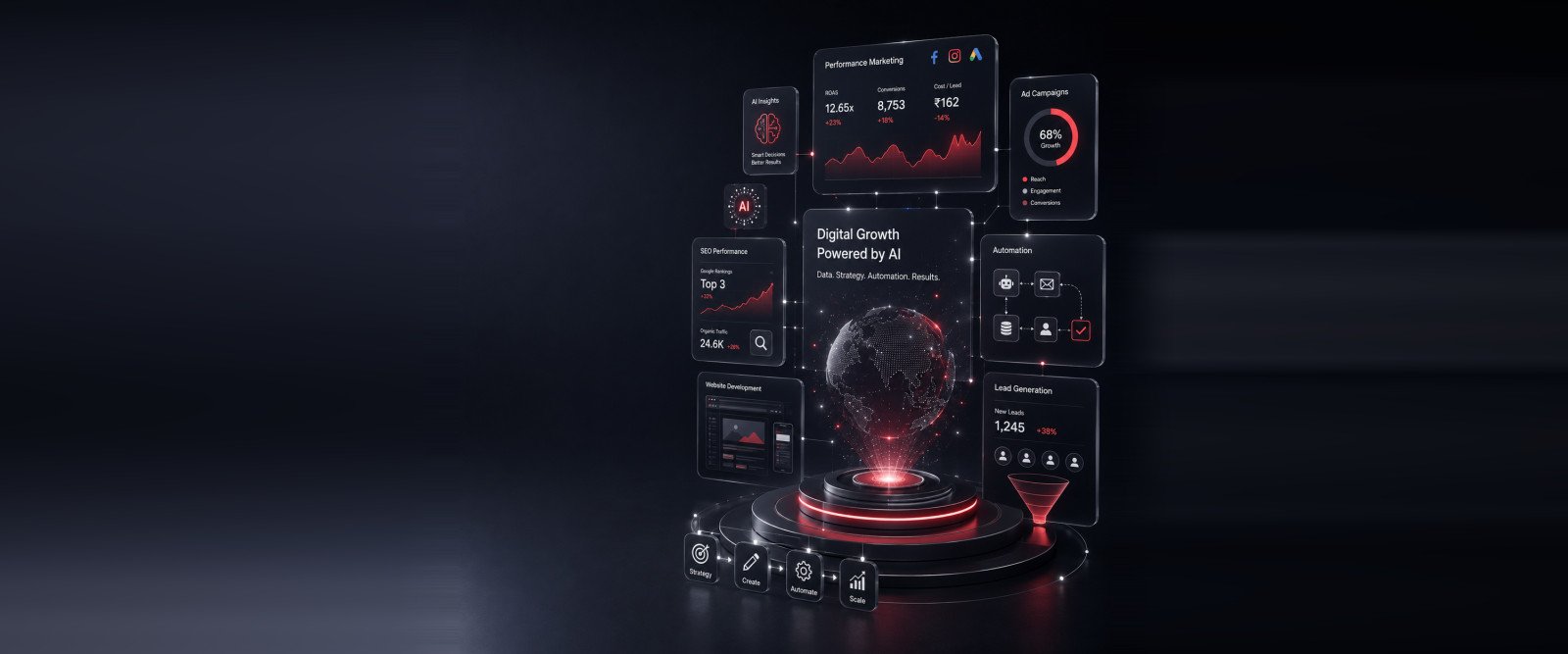 Digital marketing services dashboard by Avikosh Digital showing SEO, performance marketing, lead generation and AI automation metrics