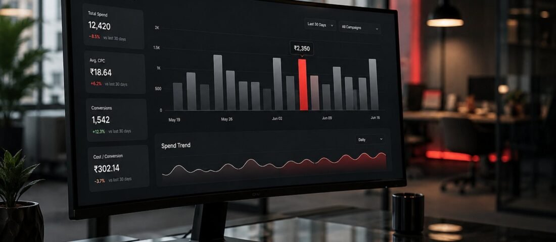 Ad spend dashboard showing cost per click and cost per conversion trends