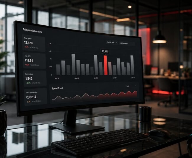 Ad spend dashboard showing cost per click and cost per conversion trends