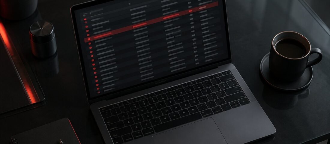 Laptop showing a long list of search term rows with several flagged in red