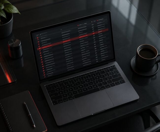 Laptop showing a long list of search term rows with several flagged in red