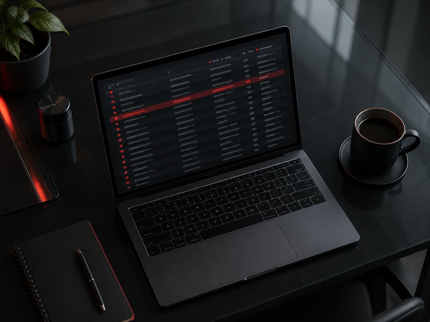 Laptop showing a long list of search term rows with several flagged in red