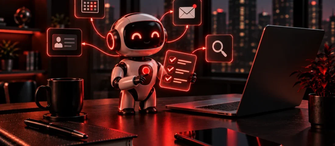 AI agent working through business tasks with connected tools, Avikosh Digital