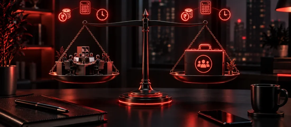 In-house marketing team and agency weighed on a balance scale, Avikosh Digital