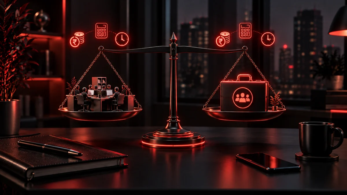 In-house marketing team and agency weighed on a balance scale, Avikosh Digital